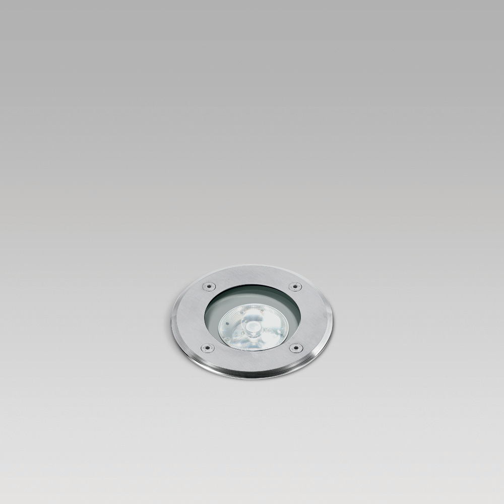 Recessed floor luminaires In-ground recessed uplight for outdoor lighting, with round or squared trim, flush with the ground or above the ground