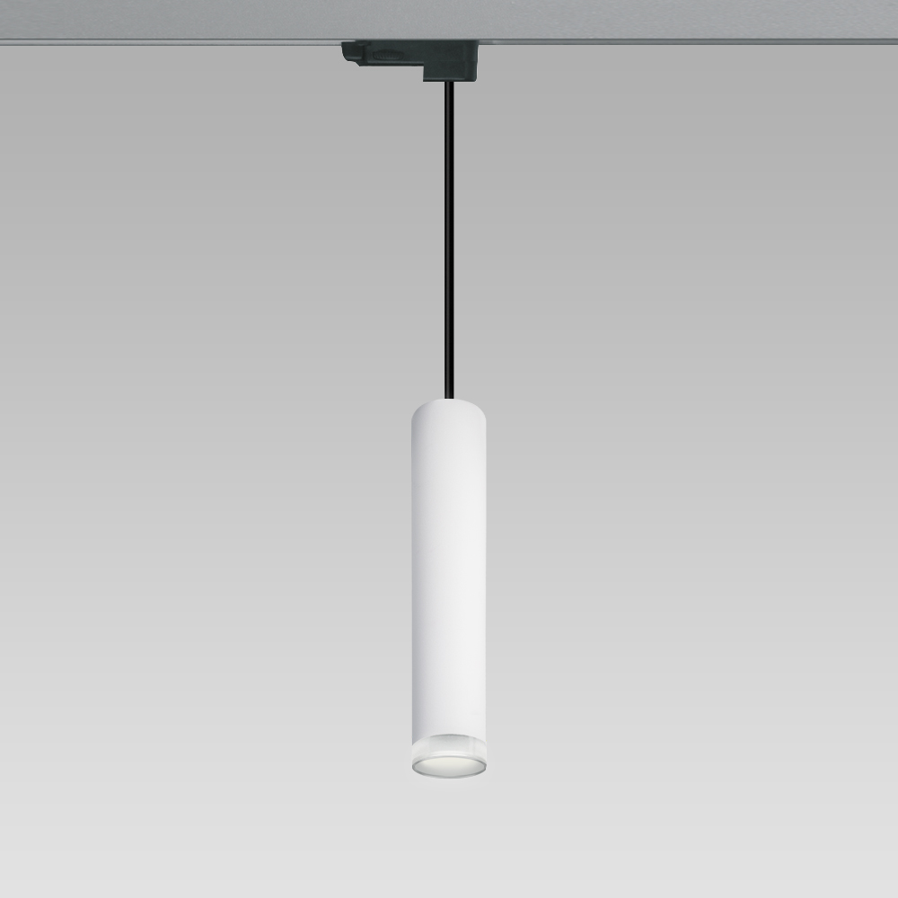 Apparecchio a sospensione dal design cilindrico per l'illuminazione di interni, in versione con diffusore opale.