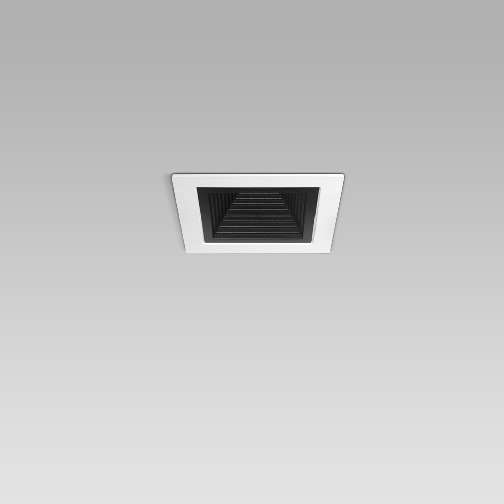 Apparecchi da incasso a soffitto  Apparecchio da incasso a soffitto compatto ed elegante dal design quadrato  per l'illuminazione di interni, con ottica nera o metallizzata